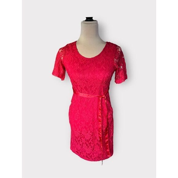 Planet Motherhood Short Sleeve Red Lace Maternity Dress with Satin Tie Size Smal - Picture 1 of 7